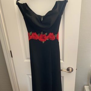 Long Black Dress Embroidered Roses